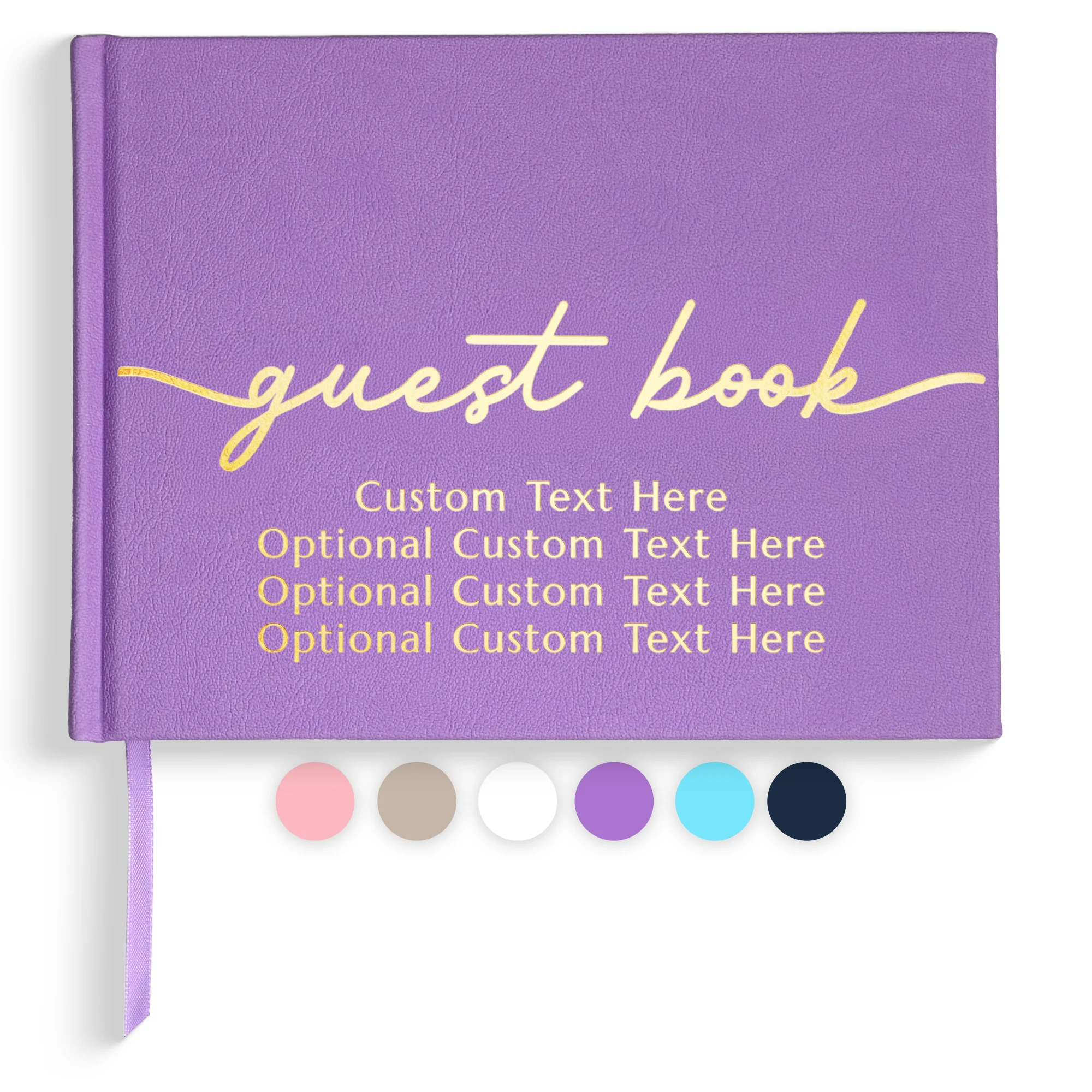 Lavender purple Personalized Guest Book for Party - Vegan Leather Hardcover with gold foil “guest book” lettering and customizable text on the cover, elegant hardcover design for weddings and special events.